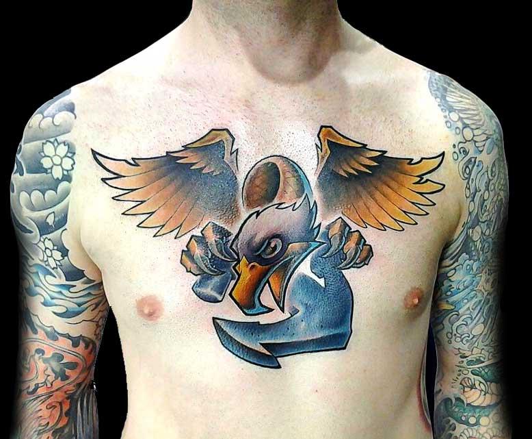 Full color new school animated eagle and anchor tattoo by Jay Blackburn :  Tattoos