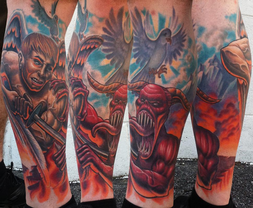 Infamous Tattoo Company : Tattoos : Color : Good over Evil Leg Sleeve,  Freehanded no reference (Healed)